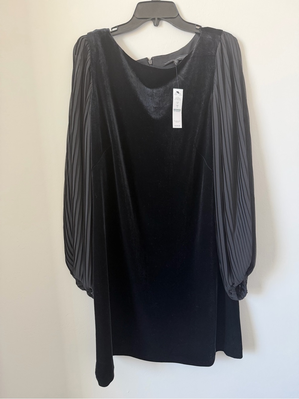WHBM Elegant Black Velvet Dress with Pleated Sheer Sleeves NWT